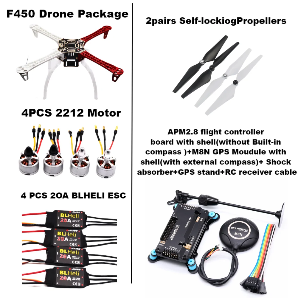 F450 Drone Kit With 450 Frame For APM2.8+M8N GPS+ Shock absorber +GPS stand  With Landing Gear