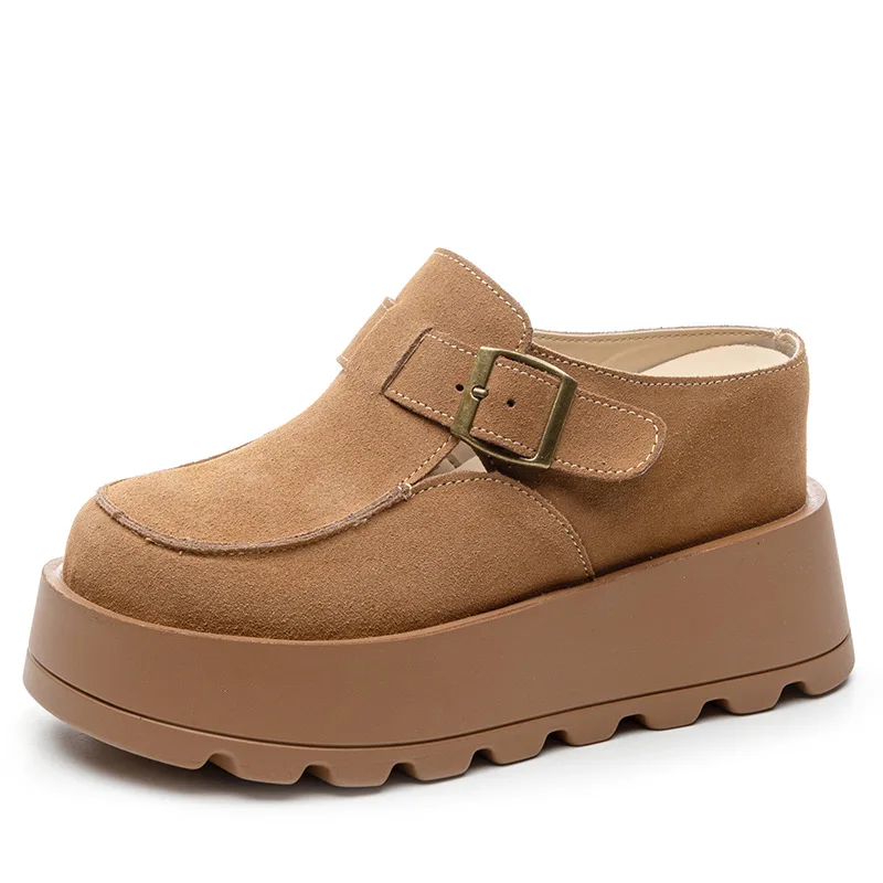 

Women's Matte Leather Platform Sandals Double Strap Buckle Slides Non-slip Thick-Soled Embossed Sole