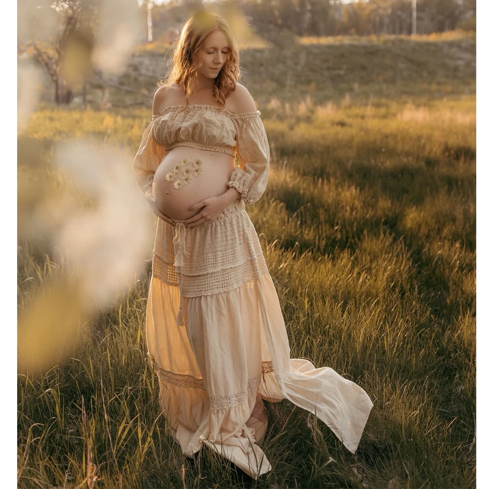 

Bohemian Photo Shooting Pregnancy Dress One Shoulder Long Sleeved Two-Piece Pure Cotton Lace Dress Photography Dress For Women