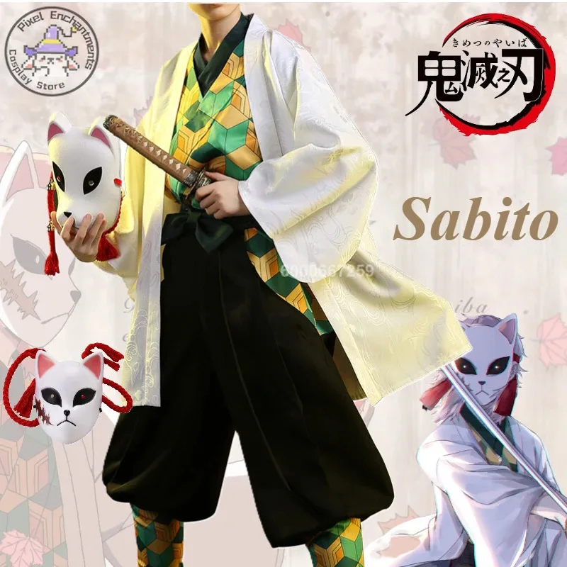 

Demon Slayers Kimetsu No Yaiba Sabito Anime Cosplay Costumes Men Fox Mask Boy Role Play Uniform Wig Halloween Comic Con Outfit
