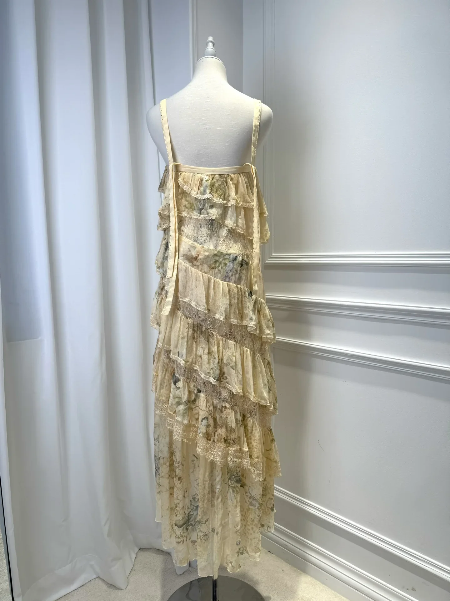 Outono 2024 feminino babados em camadas estilingue robe renda de seda emendado floral impresso sem mangas elegante senhoras midi vestido