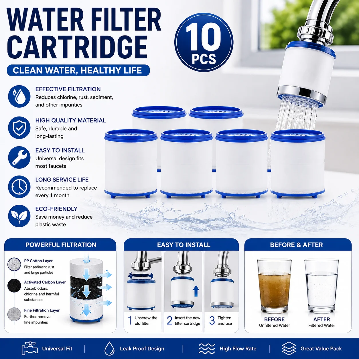 `PP Cotton Faucet Water Purifier Filter Cartridge Heavy‑Metal Chlorine Removal with Adapter for Kitchen Bathroom`