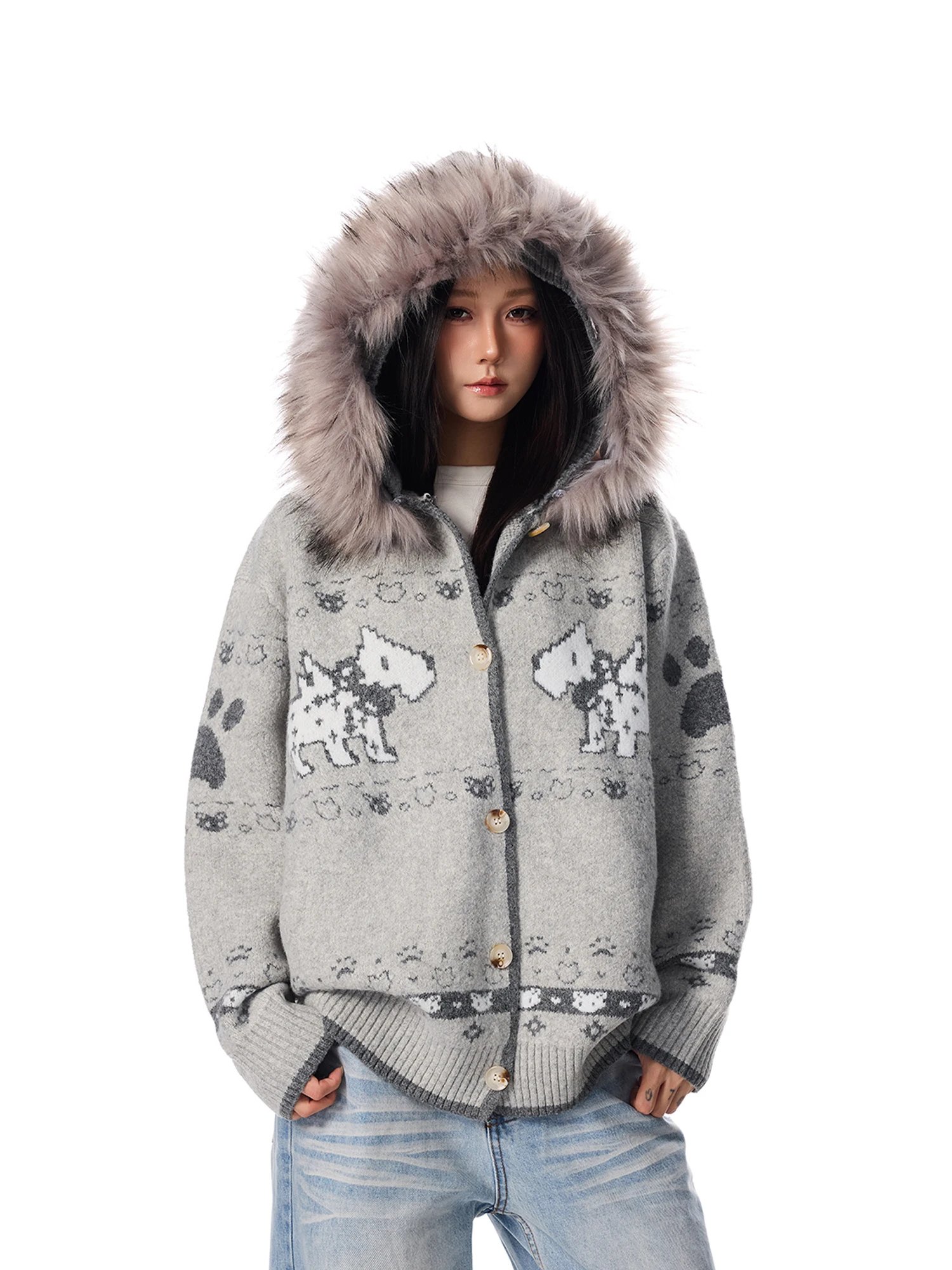 

SREK Original American Retro Hooded Knitted Cardigan Winter Women's Fair Isle Jaet with Fur Collar Open Front Sweater