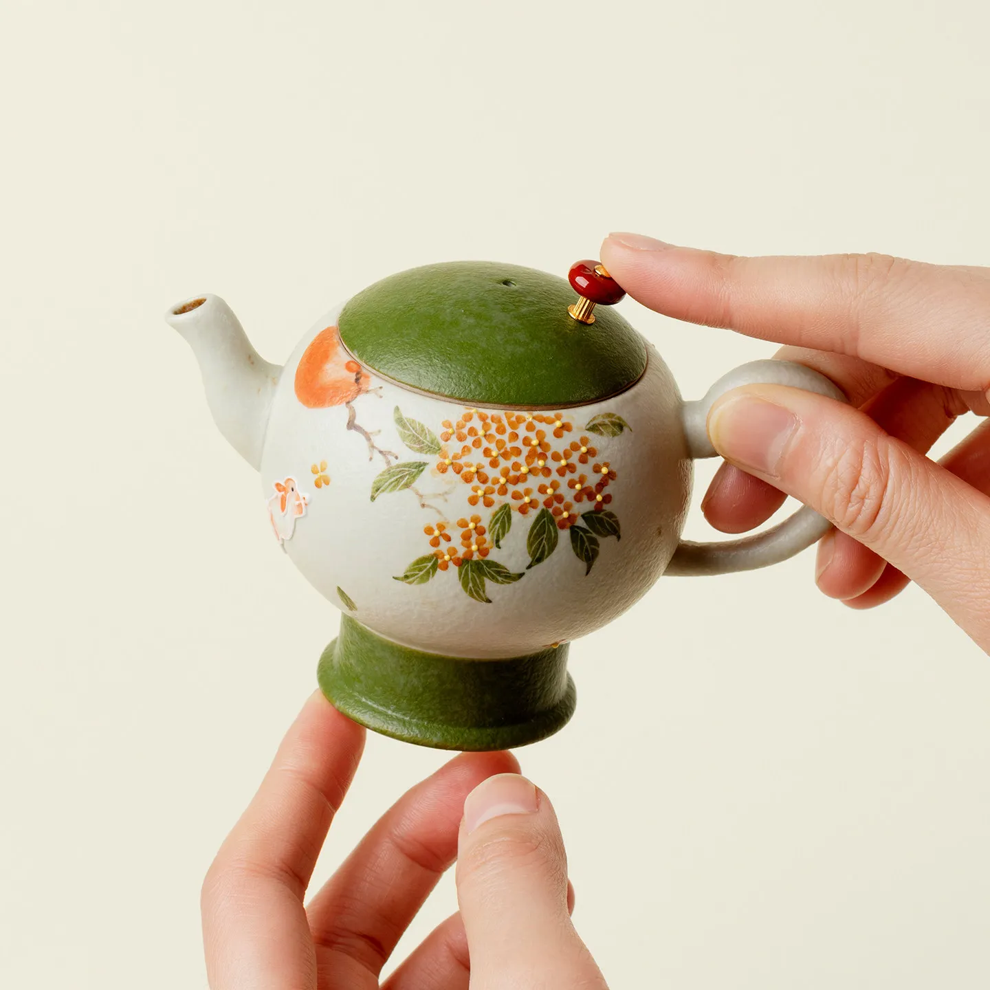 Ino Kiyosong Caramel Glaze Hand-Painted Moon Rabbit Playing With Osmanthus High-Footed Round Teapot Handmade Creative Ceramic
