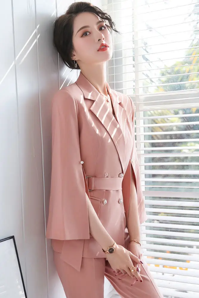 

​​Wide Leg Pant Suit Women Summer Tencel Blend office Lady Vibe Slim Fit Office Lightweight Tonal Trimming From Desk to Dinner​​