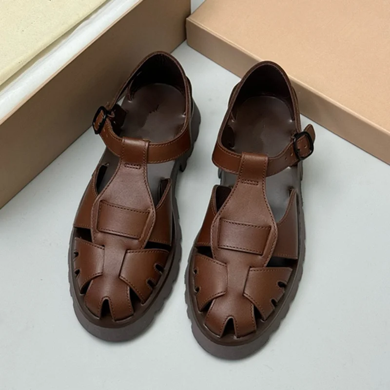 

Maxdutti Summer Sandals Shoes Women Vintage Roma Sandals Hand-woven Cowhide Sandals Minimalist Thick-soled Flat Shoes Women