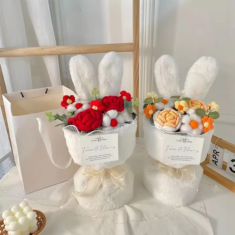 Cotton Rope Artificial Roses Bouquet Handmade Rabbit Ear Knitted Plush Flower Bundle Valentine Mothers' Day Birthday Gifts 1PC