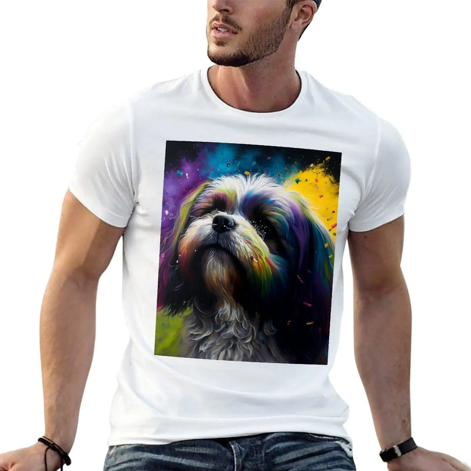 لاسا أبسوس الكلب الاصطناعية سبلاش اللوحة الفنية تي شيرت مضحك تي شيرت القطن تي شيرت للرجل الجرافيك تيز تي شيرت #1