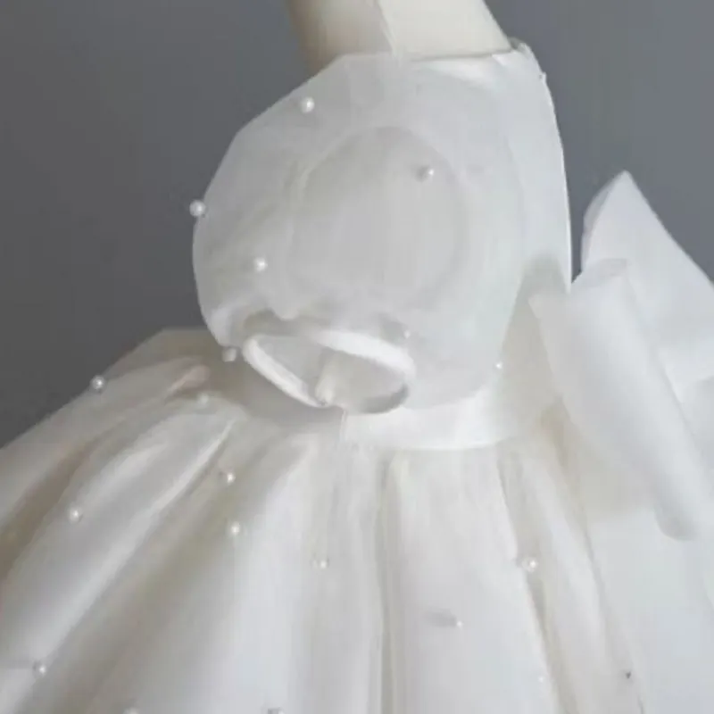 Fashion Girl Princess Vintage Pearl Dress Tulle Child Vestido Puff Sleeve Wedding Party Birthday Tutu Dress Child Clothes 1-10Y