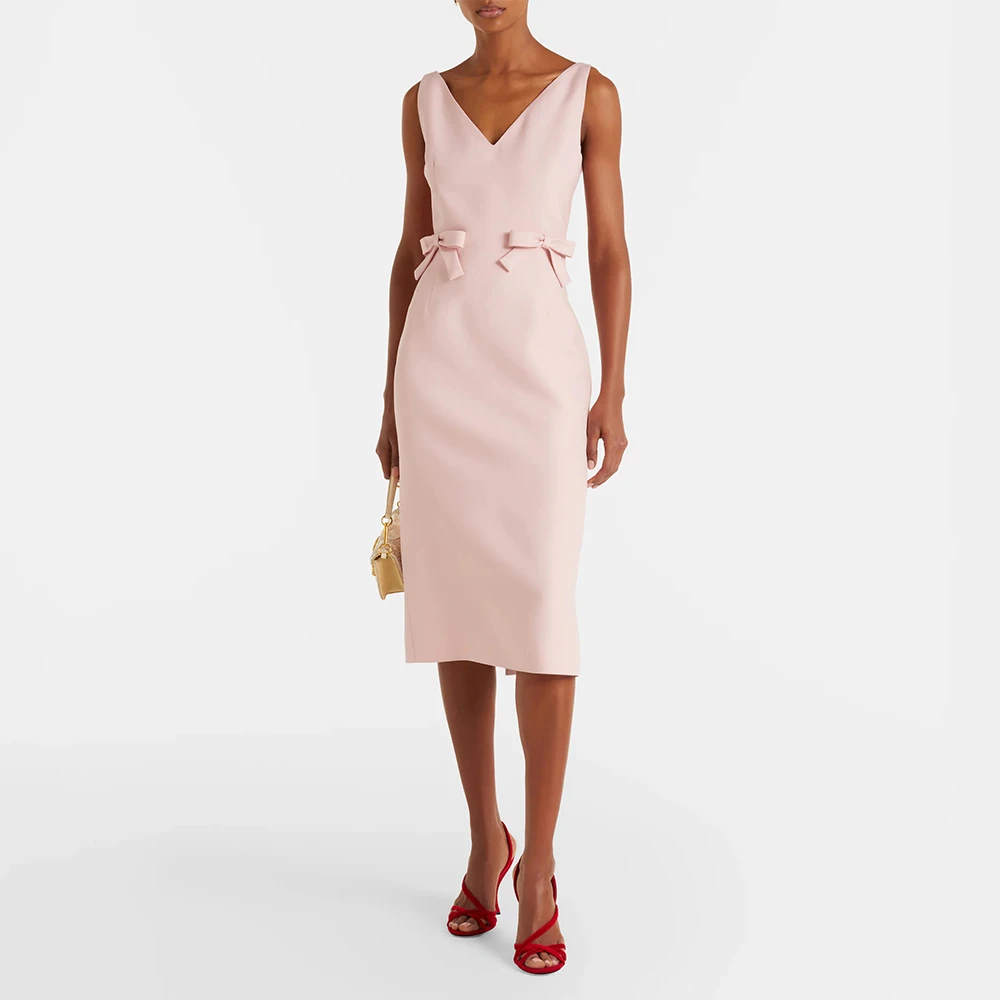 Customized Pink Wedding Guest Dress Midi V Neck Bows Column Cocktail Gowns Short Tea Length Simple Women's Formal Party Dresses