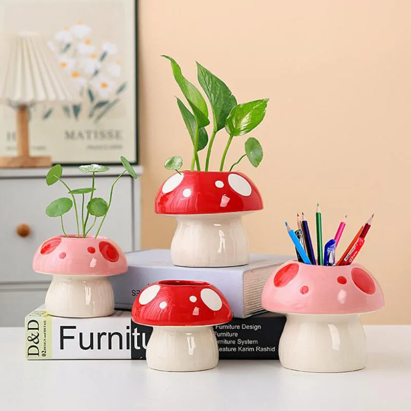 

Creative Ceramic Mushroom Hydroponic Vase Flower Pot Office Desktop Ornaments Storage Bottle Garden Art Home Decor