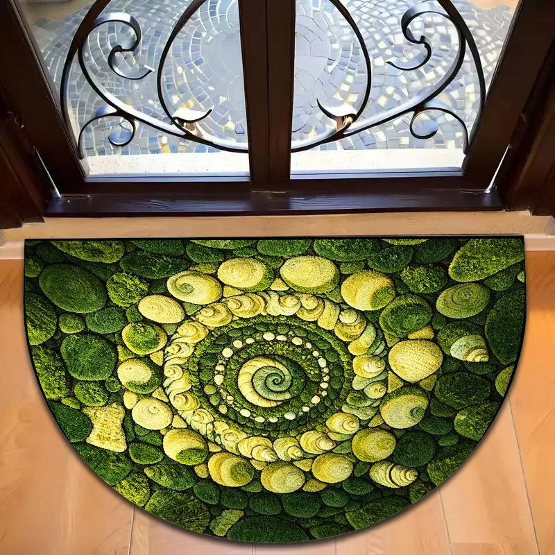 VIKAMA Half Round Green Spiral Moss Pebble Doormat 3D Visual Non Slip Absorbent Front Door Mat Vintage Nature Entrance Rug