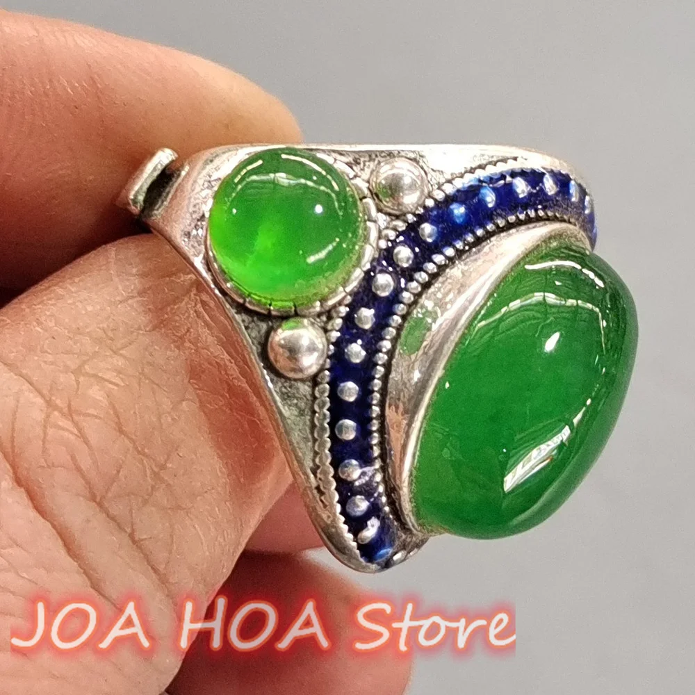 Fashion Handring High Ice Emperor Green Jadeite Inlaid 925 Silver Three Eye Ring Natural Jade Emerald Quality Jewelry