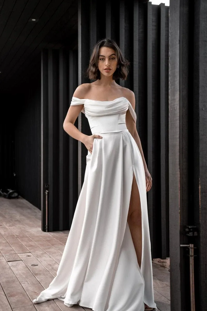 Elegant Off The Shoulder Pleat Sweetheart Satin Bridal Grown A Line Wedding Dresses Side Slit Custom Made 2024 Vestido De Noival