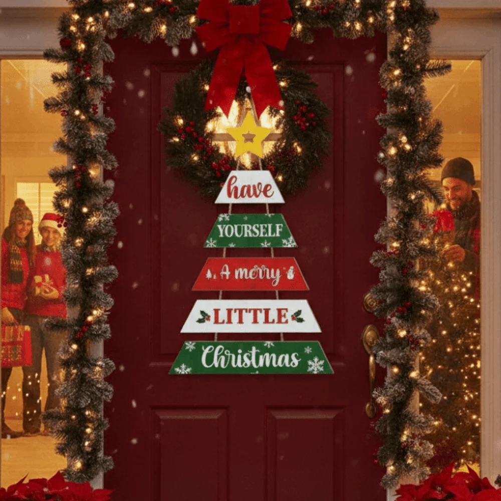 Tiered Christmas Door Sign Vintage Handcrafted Wooden Plaque Multi-layered Eco-friendly Hanging Welcome Board Entrance