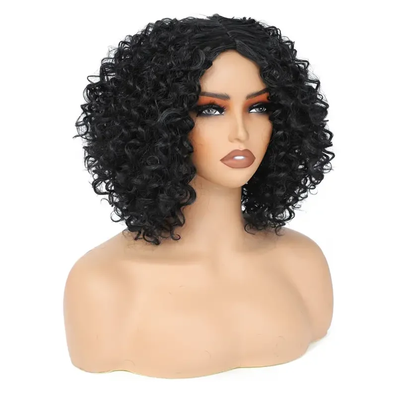 

Синтетический глубокий вьющийся парик Боб Короткие курчавые вьющиеся волосы Натуральный черный цвет Средняя часть Бесклеевая вечеринка Ежедневное использование Шиньон Тепло