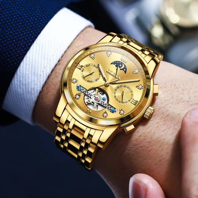 Original Watch for Men Luxury Automatic Waterproof Moon Phase Date Menchanical Stainless Steel Gold Classic Wrist Watches Gift