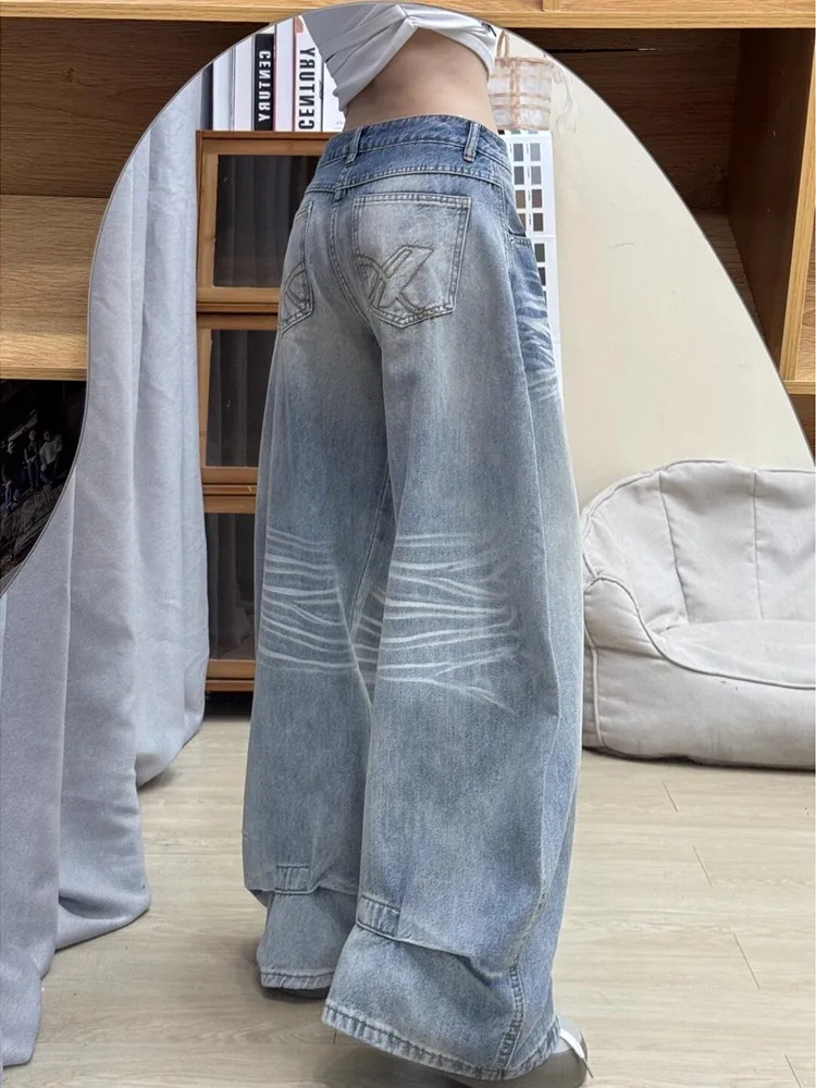 

Широкие джинсы в американском стиле ретро, женские большие размеры, свободные джинсовые брюки прямого кроя, повседневная одежда, женские джинсы для осеннего сезона