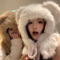 Cute Bear Ear Wool Hat with earflaps Korea Winter Beanies Warm Lace-Up Ear Protection Knitted Cap Bonnets Warmer Drawstring Hats