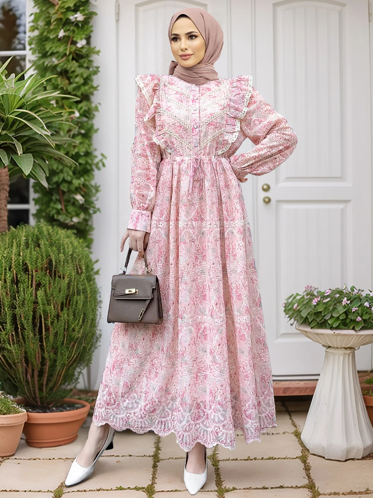 

Eid Sweet Women Party Dress Muslim Abaya Floral Lace Jalabiya Ramadan Long Dresses Abayas Vestidos Largos Kaftan Arab Long Robe