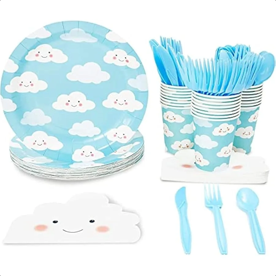 

Disposable Dinnerware Set Serves 24 Cute Clouds Design Birthday Baby Shower Parties Includes Plastic Knives Spoons Forks Paper