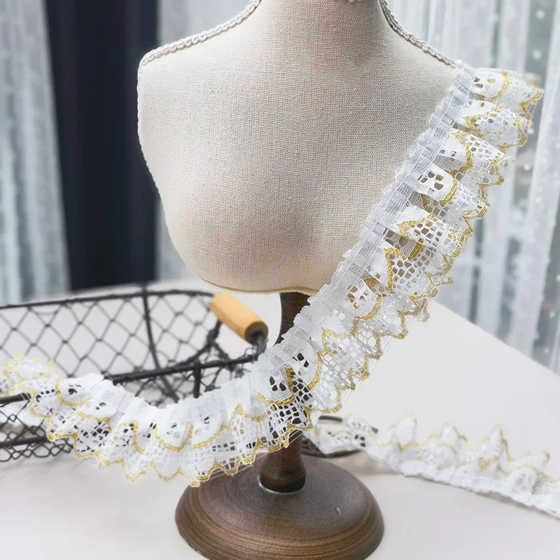 Nice Gold Thread Embroidery Pleated White Lace DIY Clothing Hat Headgear Storage Basket Bow Fabric Accessories Tie Material