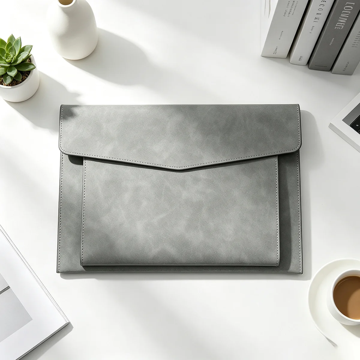 Grey Envelope Style A4 Leather Document Folder with Magnetic Button, Multi Slot Paper Storage Pouch for Business, Student, Offic