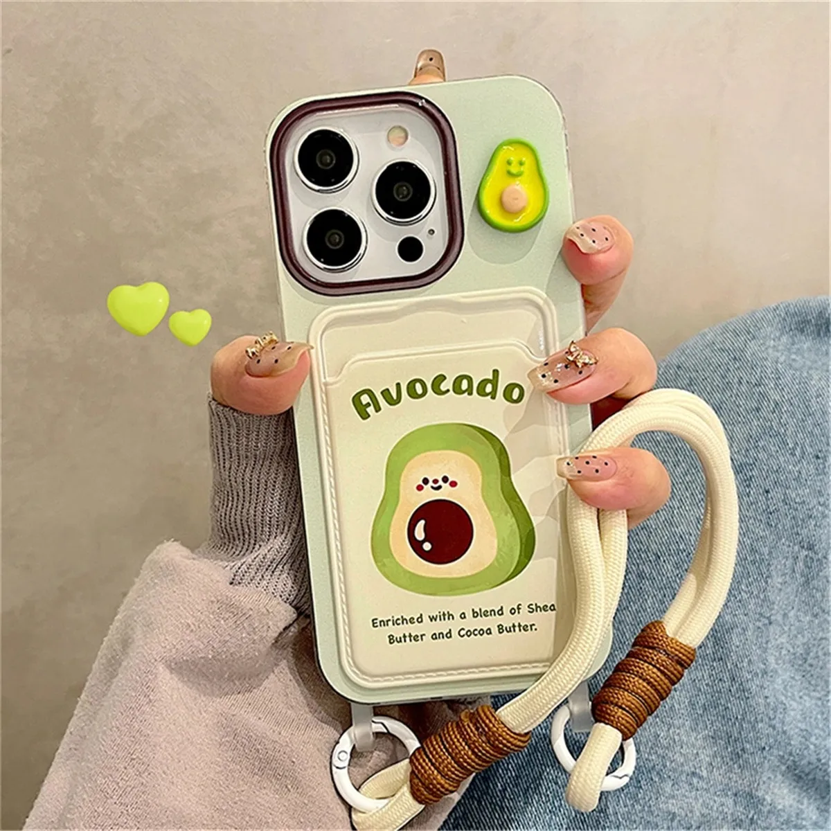 Korean Sweet 3D Avocado Fruit Wallet With Chain Phone Case For iPhone 15 14 13 11 12 Pro Max Card Holder Bag Strap Soft Cover