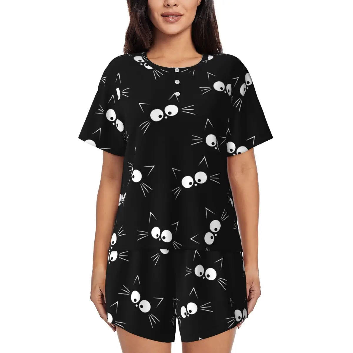 

Ночная рубашка с круглым вырезом и короткими рукавами с милым принтом черной кошки, женский свободный пижамный комплект с короткими штанами