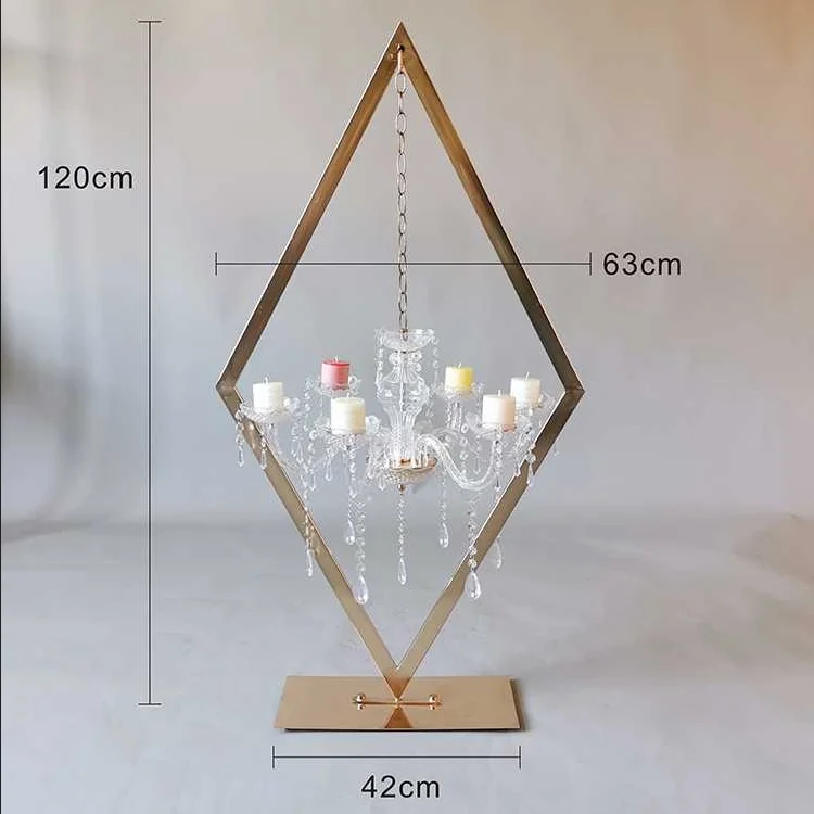 Wholesale decorative large gold tall diamond frame hanging table metal crystal pendant flower stand for wedding centerpieces