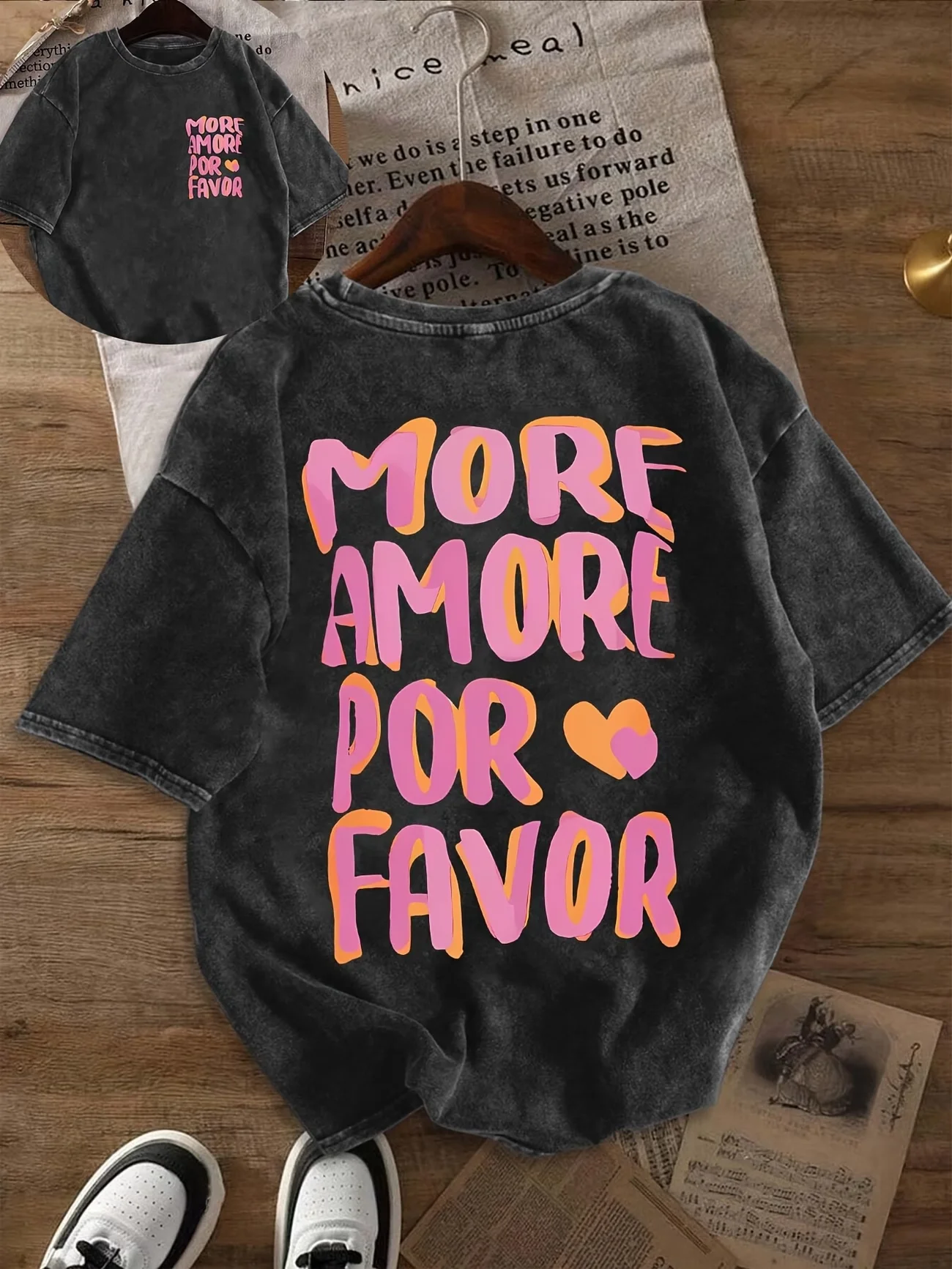 More Amore Por Favor Letter Graphic T Shirt Women Men Vintage Acid Wash Cotton Summer Short Sleeve Harajuku Streetwear Tshirt