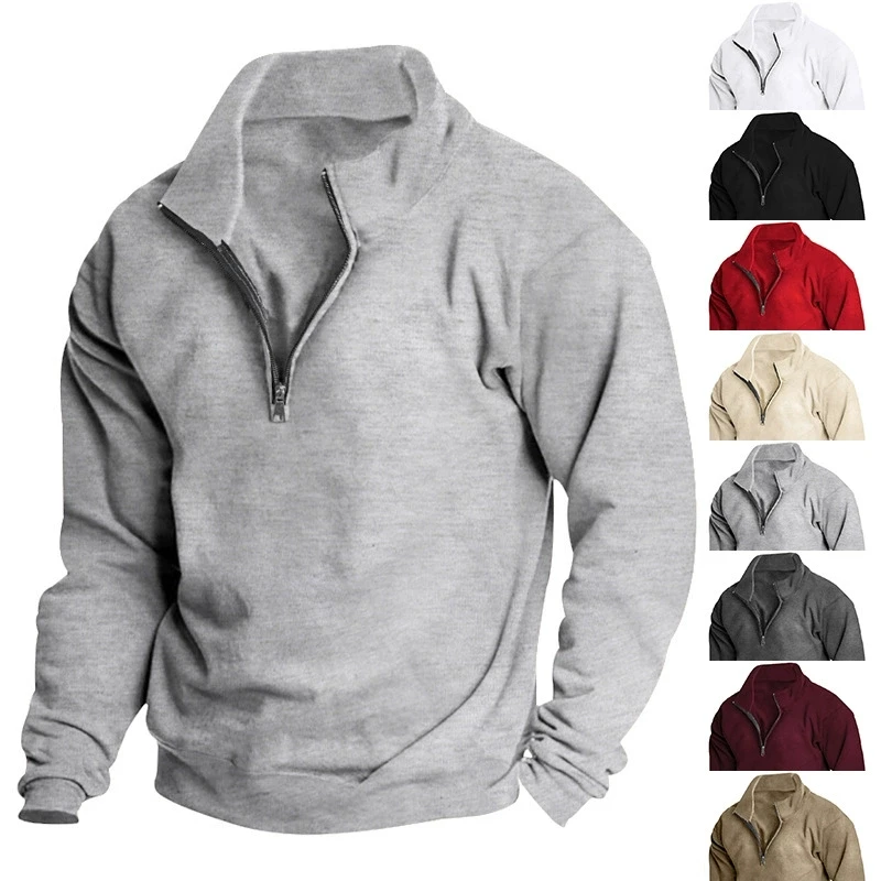 

Fall Winter Plus Velvet Sweatshirts for Men Casual Long Sleeve Stand Collar Half Zipper Pullovers Solid Color Versatile Hoodie