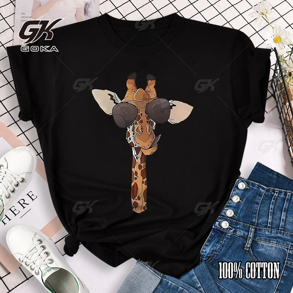 

Manga T Shirt Fashion Giraffe Head Print T-shirt Short Sleeve Crew Neck Casual Top for Summer Novelty Women's Clothing Top Tee