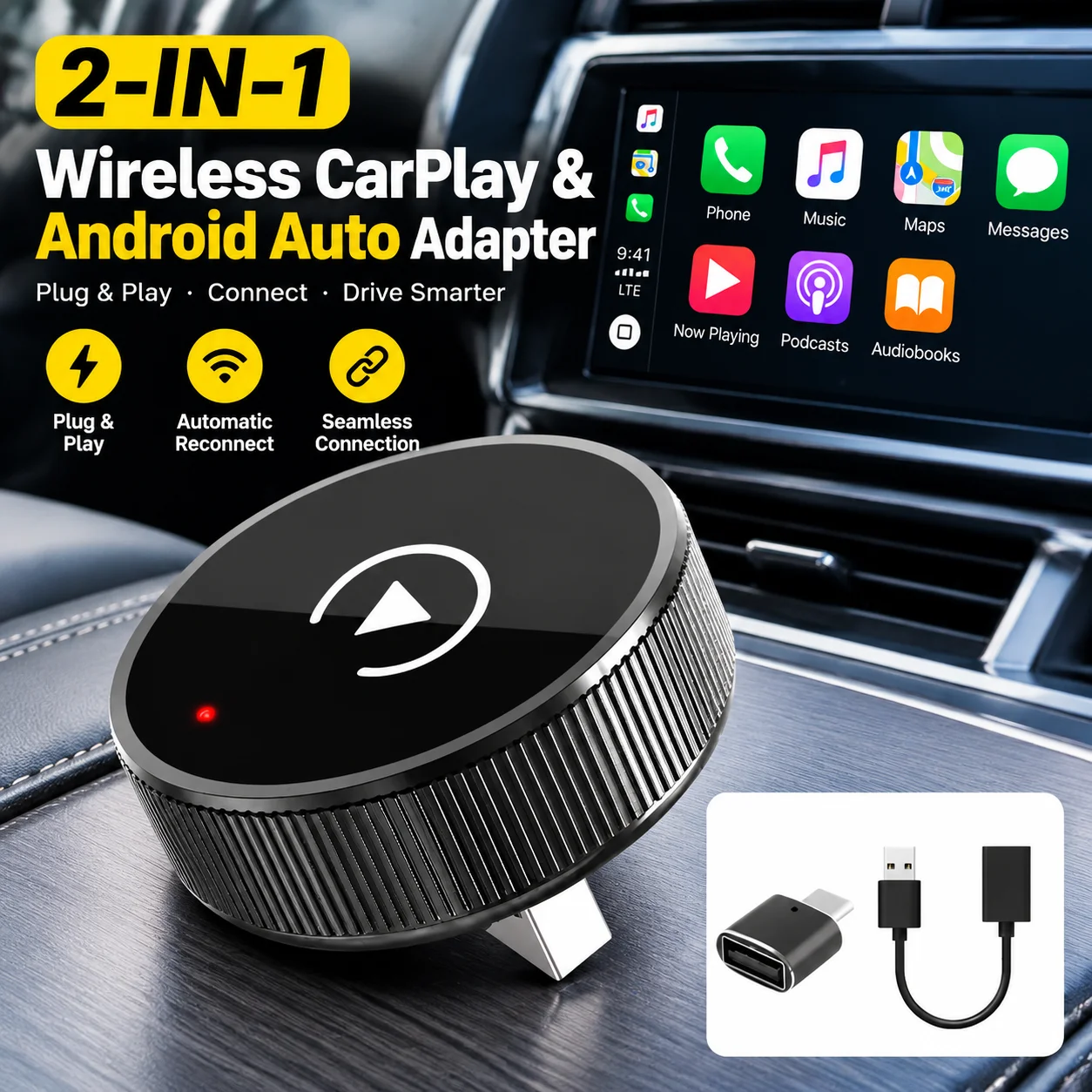 2-in-1 Wireless CarPlay & Android Auto Adapter for Cars, Plug-and-Play Interconnection Dongle with Automatic Reconnect