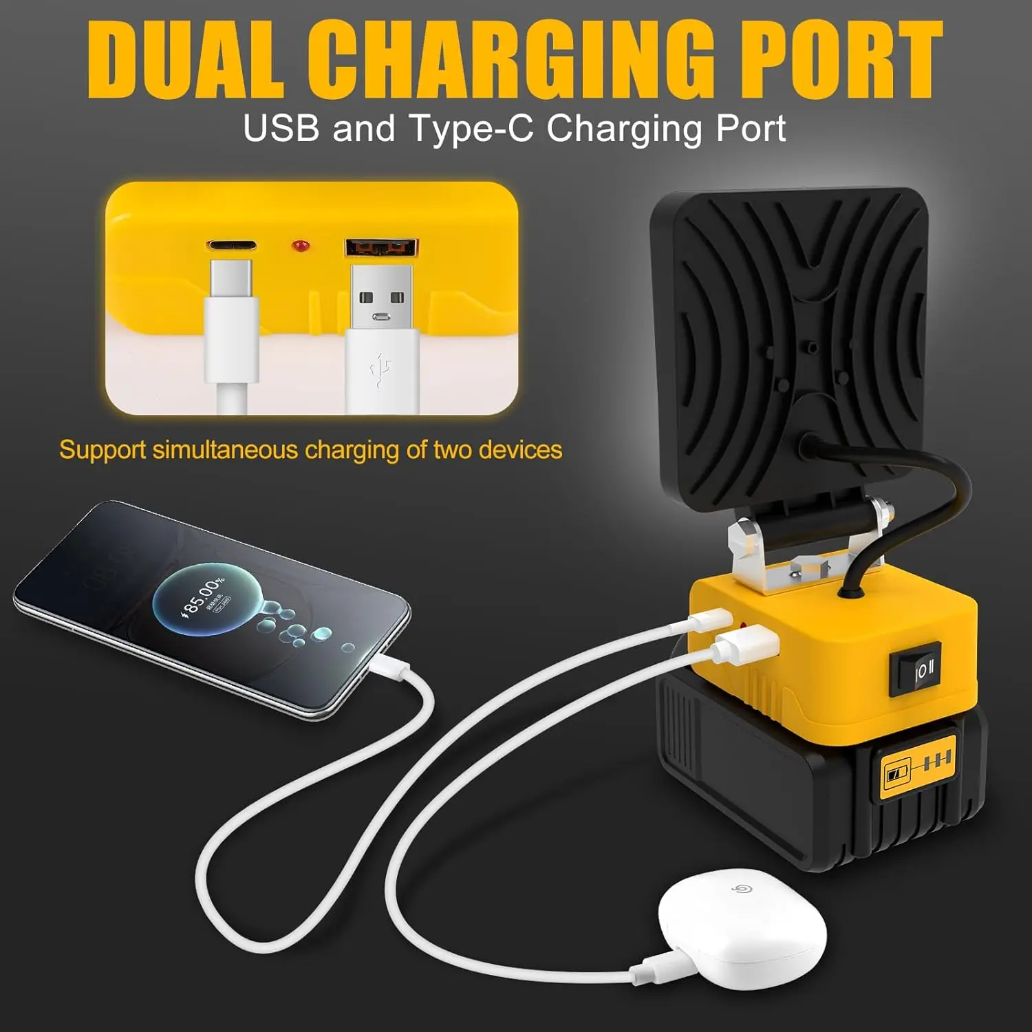 5200LM ポータブル 48 ワット LED ワークライトコードレスワークライト調節可能なベース充電式 LED フラッドライト DeWalt 用バッテリーなし