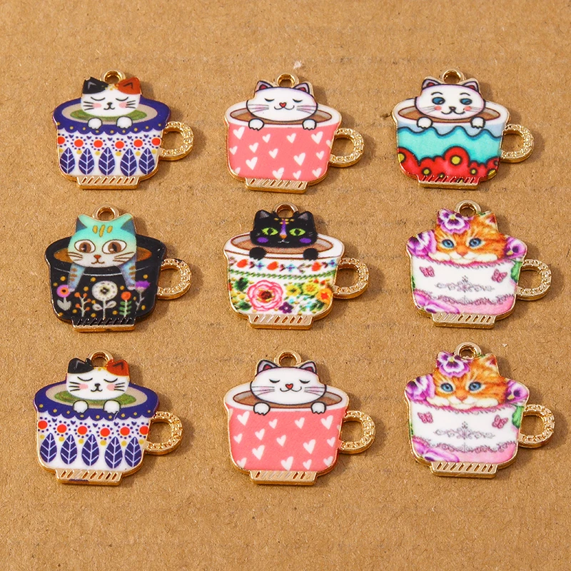 10pcs Cute Enamel Animal Cat Coffee Cup Charms Pendant for Jewelry Making Earrings Necklace DIY Bracelet Accessories Supplies