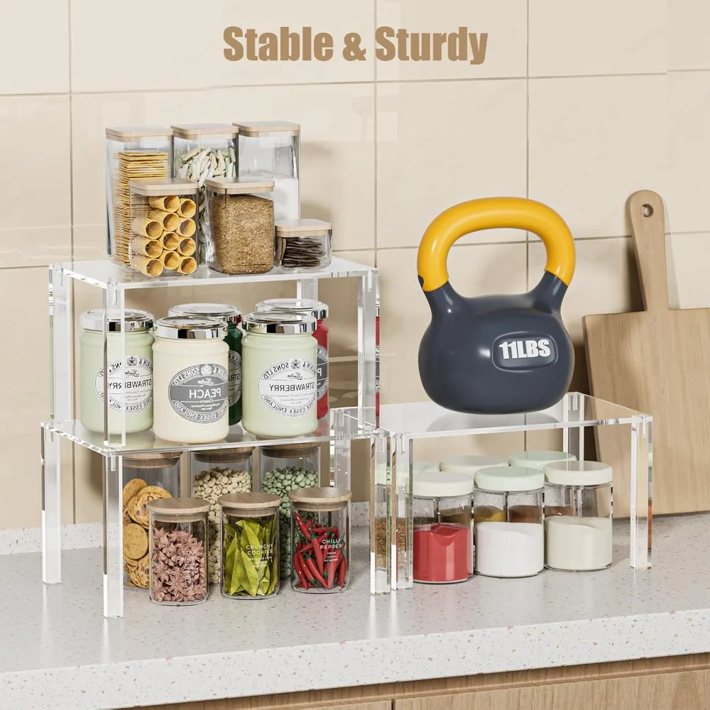 

Clear Acrylic Shelf Riser Set of 4 Stackable Kitchen Pantry Organizer Countertop Spice Rack Cabinet Storage Display