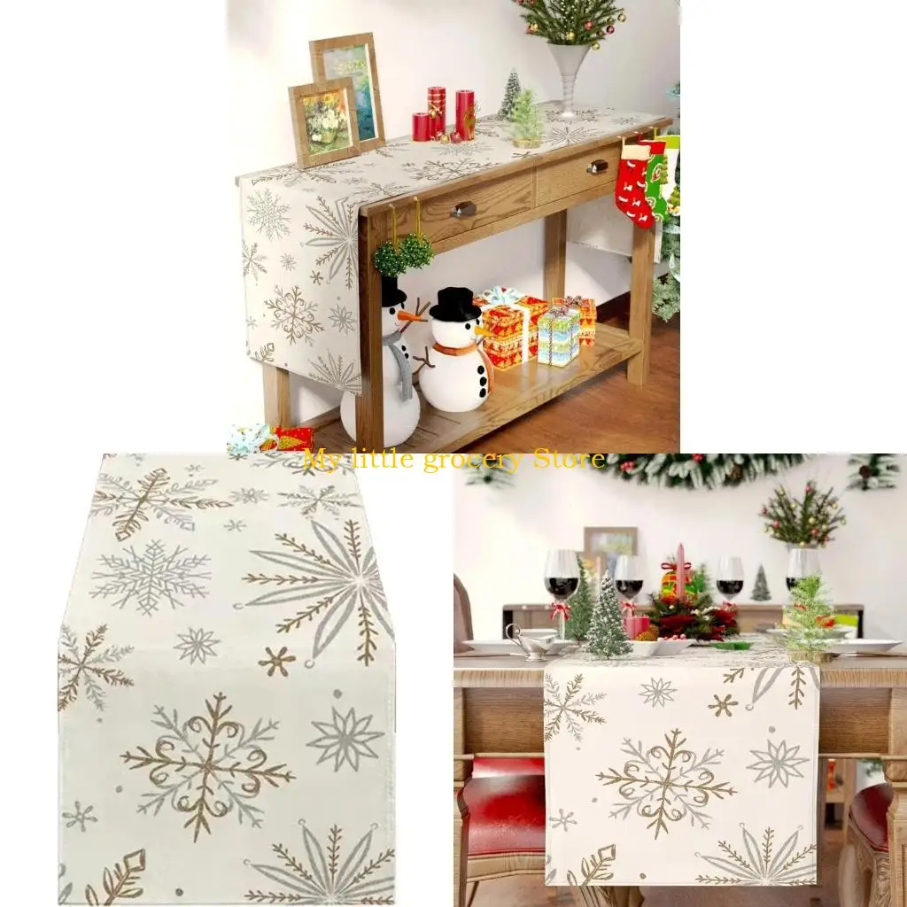 

D5BD Elegant Snowflake Winter Table Runner in White and Gold Snowflake Pattern Table Cloth Elegant for Holiday Diningt