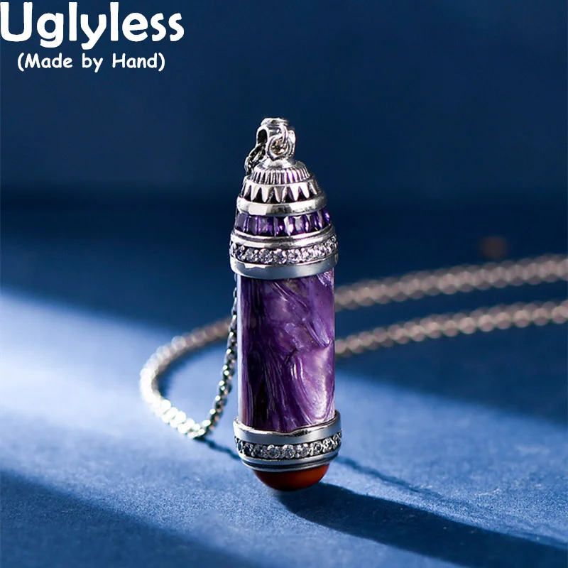 

Uglyless Cylinder Pendants Natural Charoite Necklaces for Women Natural Purple Gemstones Jewelry Agate 925 Silver Zircons Bijoux