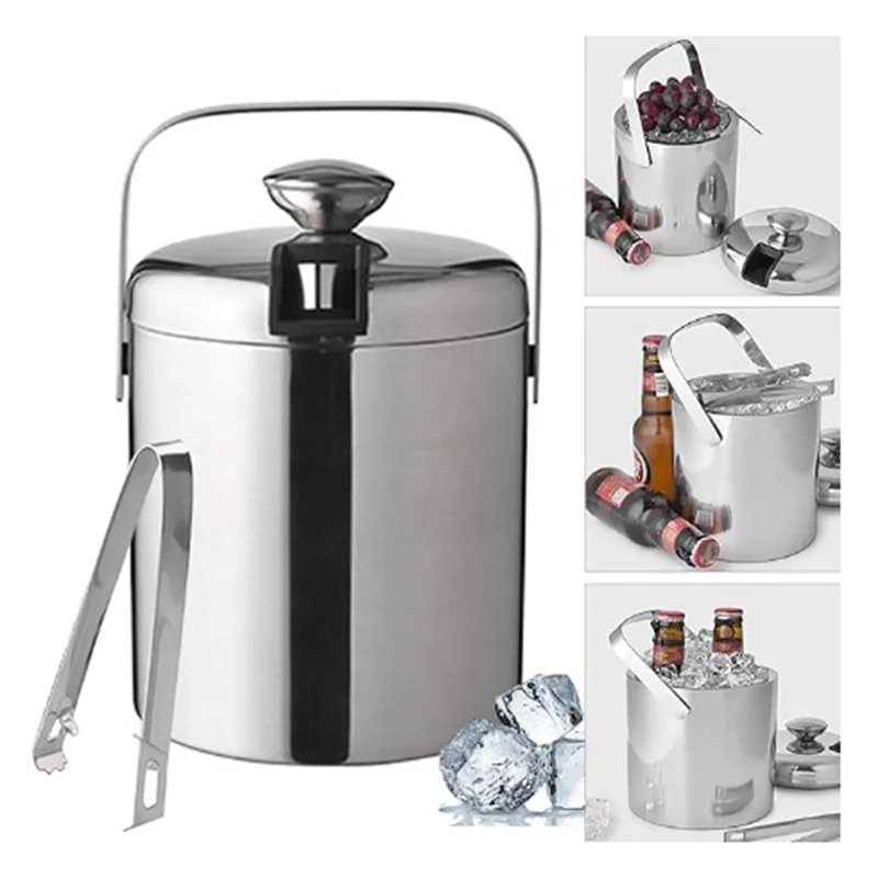 

ABKJ-Ice Bucket With Lid And Tong Insulated Ice Bucket Stainless Steel Double Wall Champagne Wine Bottle With Strainer