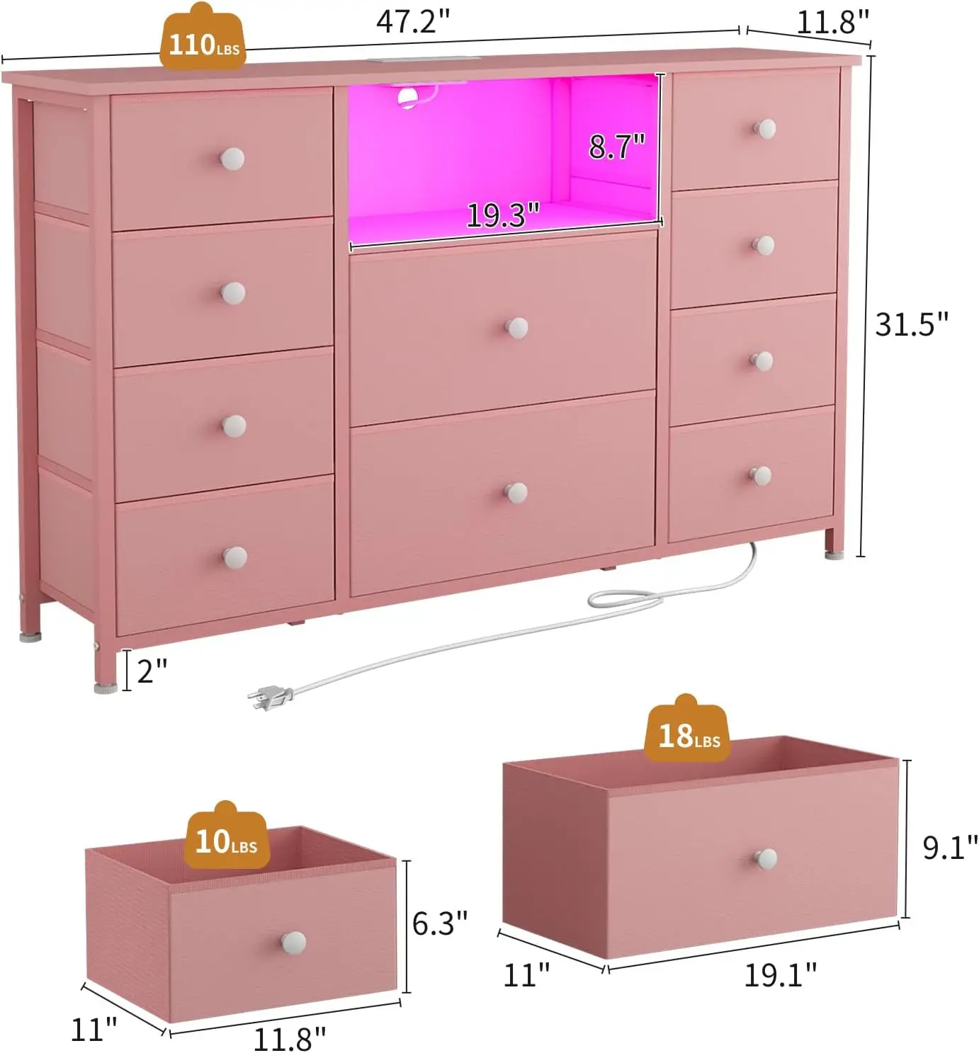 Commode rose avec station de charge et lumières LED, longue commode pour chambre à coucher de filles, meuble TV avec 10 portes de proximité, robes larges en tissu