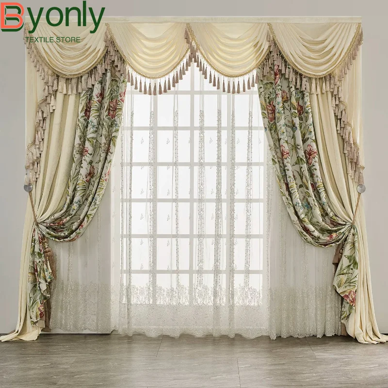 French Plant Flower Jacquard Rice White Velvet Splicing Curtains for Living Room Bedroom Villa Custom Partition Curtains Valance