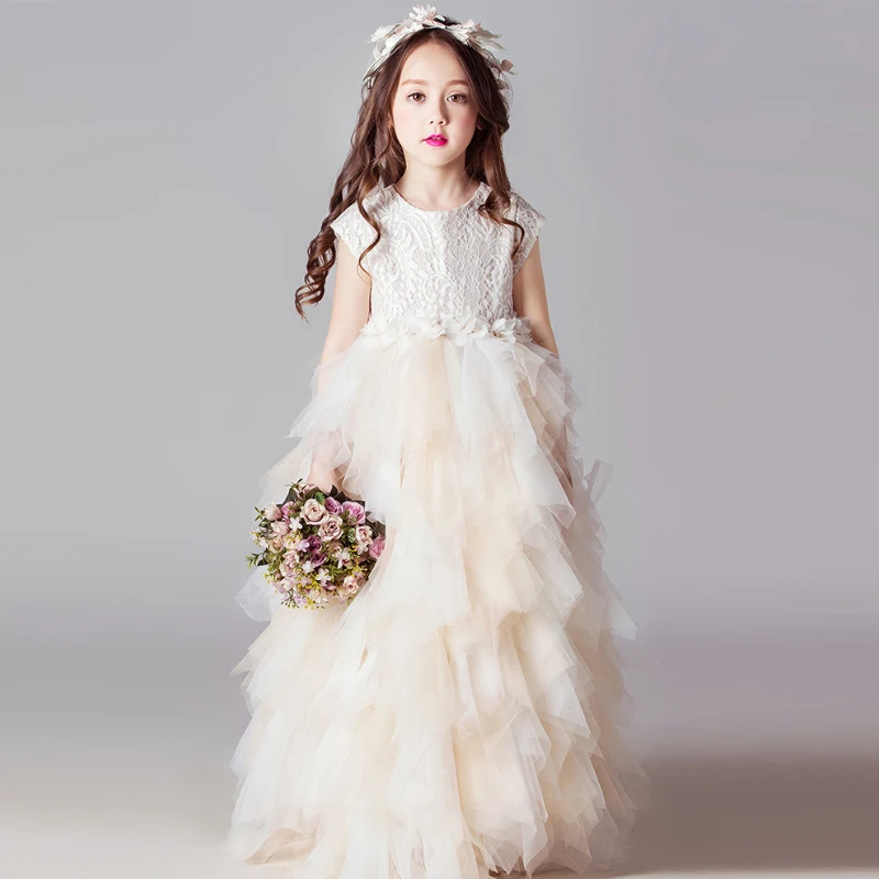 

2-14 Years Flower Girls Lace Long Dresses Luxury Gowns for Kids Formal Wedding Birthday Party Prom Layered Dress Evening Frocks