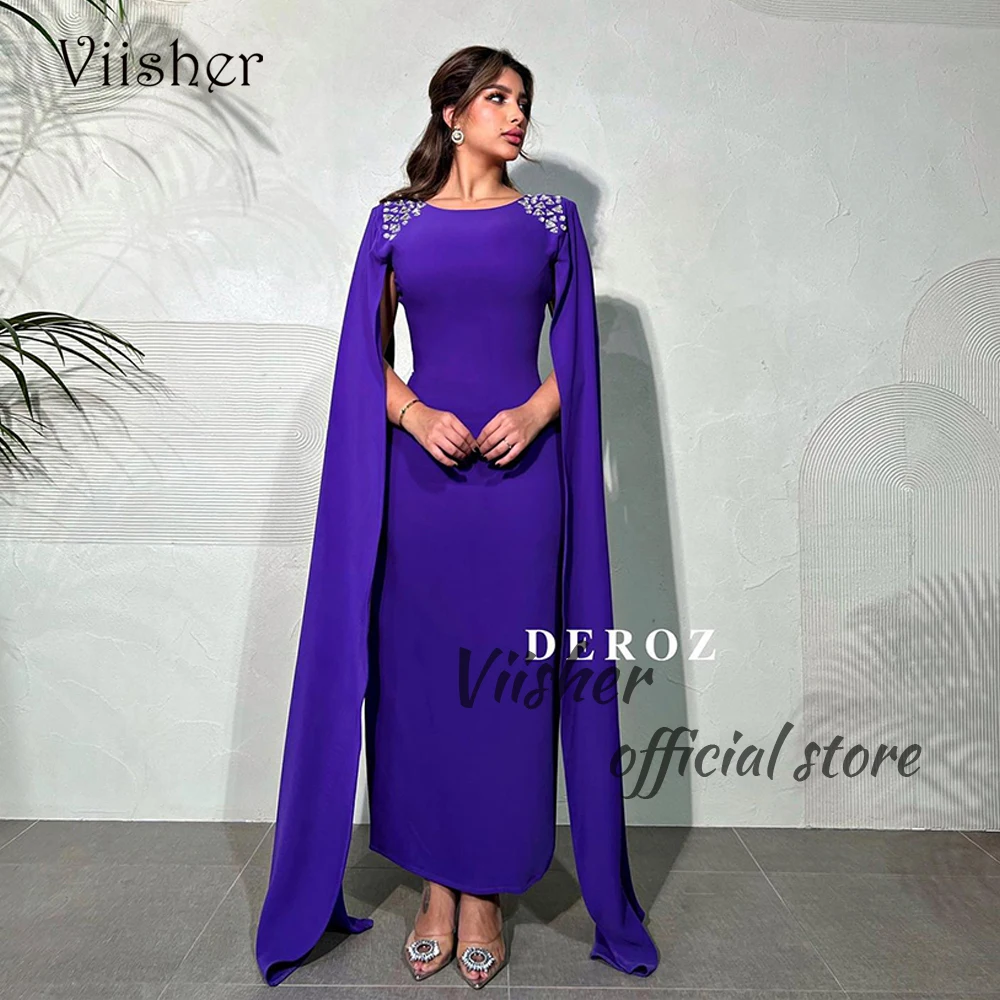 

Purple Mermaid Evening Dresses with Cape Beaded Satin O Neck Prom Dress Ankle Length Arabic Dubai Formal Party Gowns