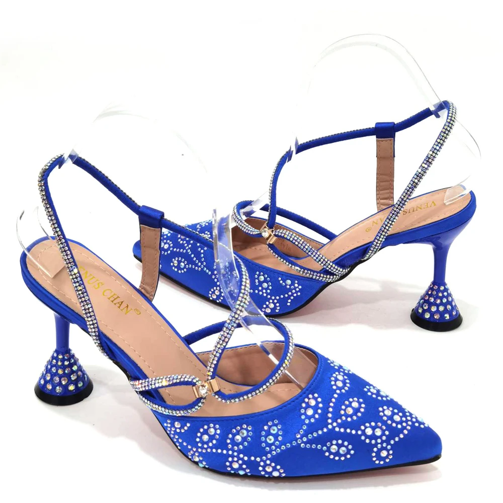 Elegant Ladies New Coming Nigerian Women Matching Shoes and Bag Set in Blue Color Decorate with Rhinestone for Christmas