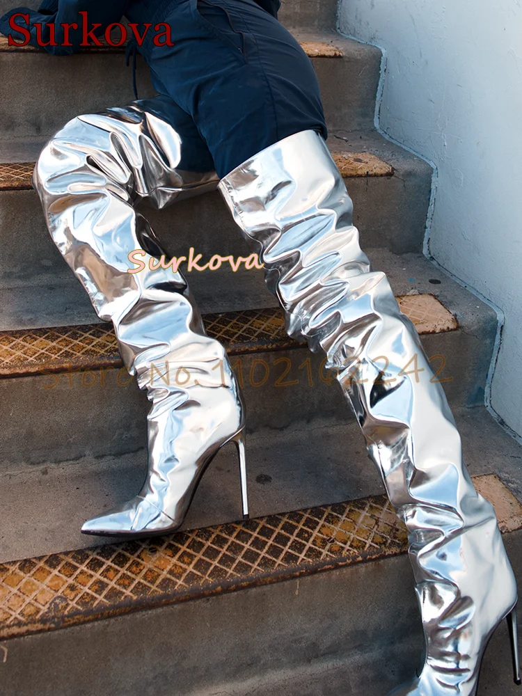 

Mirrored Pleated Over-The-Knee Boots Pointed Toe Stiletto Side Zipper Loose Fashion Boots Elegant Spring Stage Women'S Long Boot