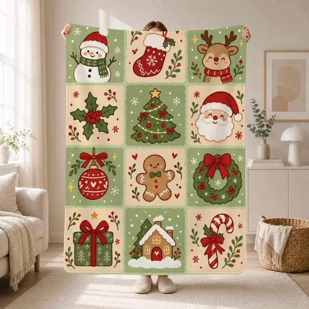 Xmas Cartoon Santa Gingerbread Snowman Print Throw Soft Plush Flannel Throw Blanket Sofa Bed Travel Home Decor