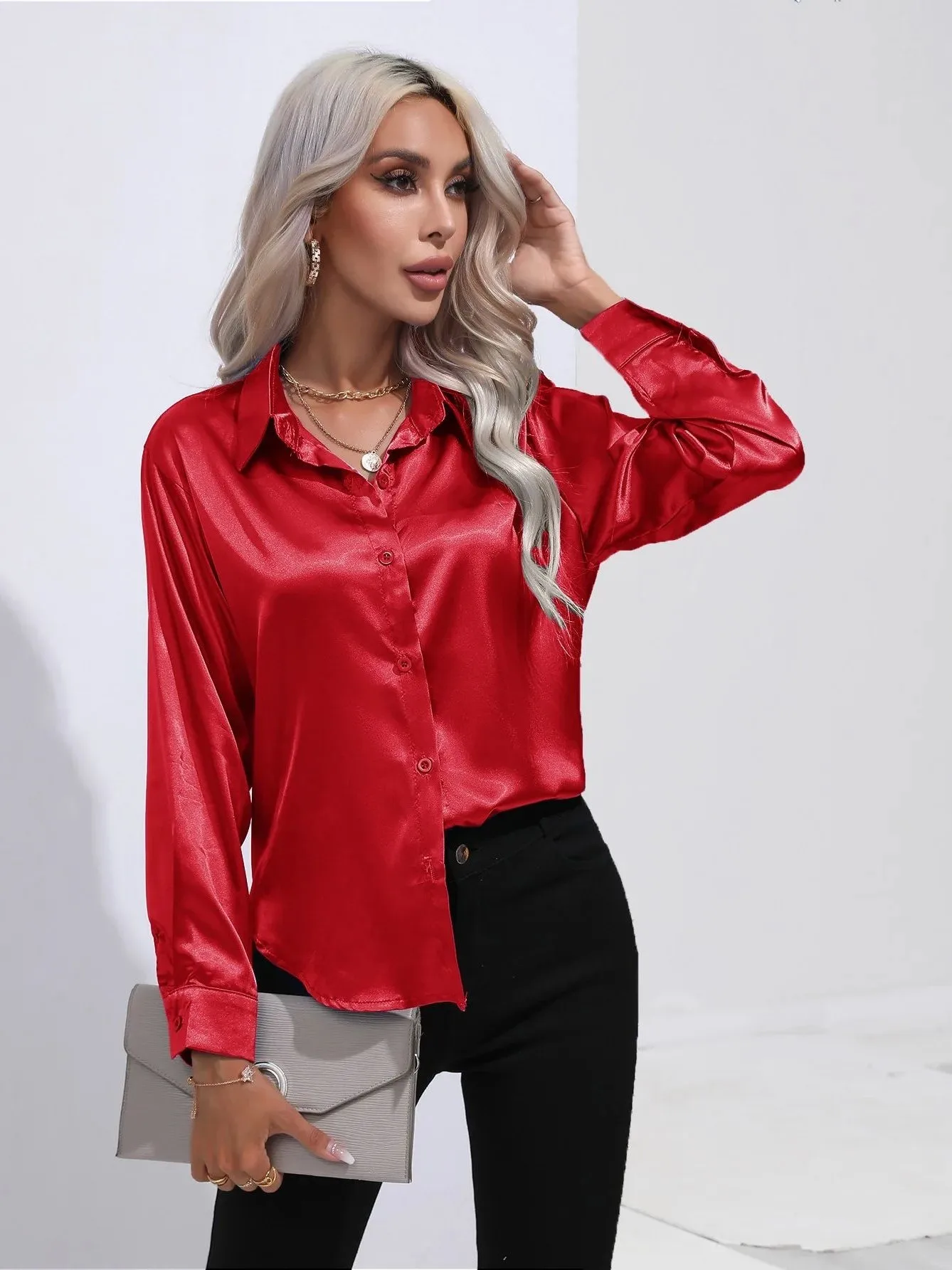 

Women's Simulated Silk Long Sleeve Shirt Loose Fit Button Detail Polyester Blend Easy Care Print Design Casual Wear
