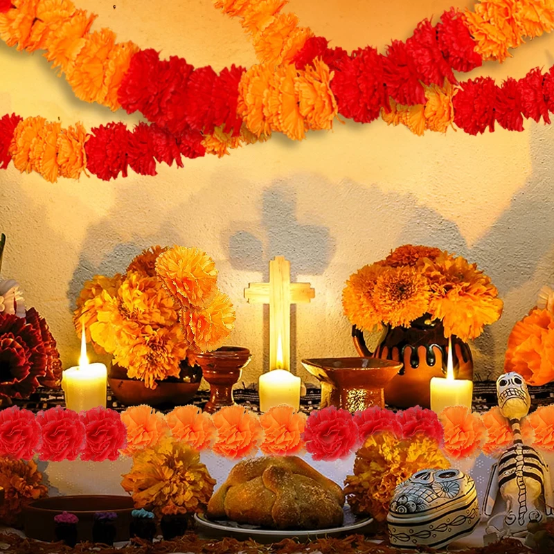 Marigold Garland Día de los Muertos festivities Marigold Flower with stem Day of the Dead ofrenda decorations altar cempasúchil