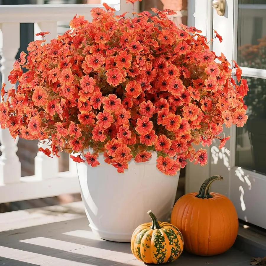 

18 Pcs Artificial Mum Flowers for Outdoors, Faux Fall Mums Silk Flower for Outside, Fake Orange Flowers for Fall Patio Front Doo